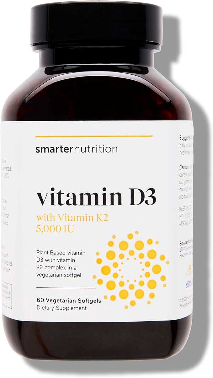 Smarter Nutrition Vegan Vitamin D3 5000 IU + Vitamin K2 1100 mcg with Organic Coconut & Olive Oil - D3 K2 Supplement for Immune Support & Bone Health in a Vegan Softgels - 60 Count [30 Day Supply]