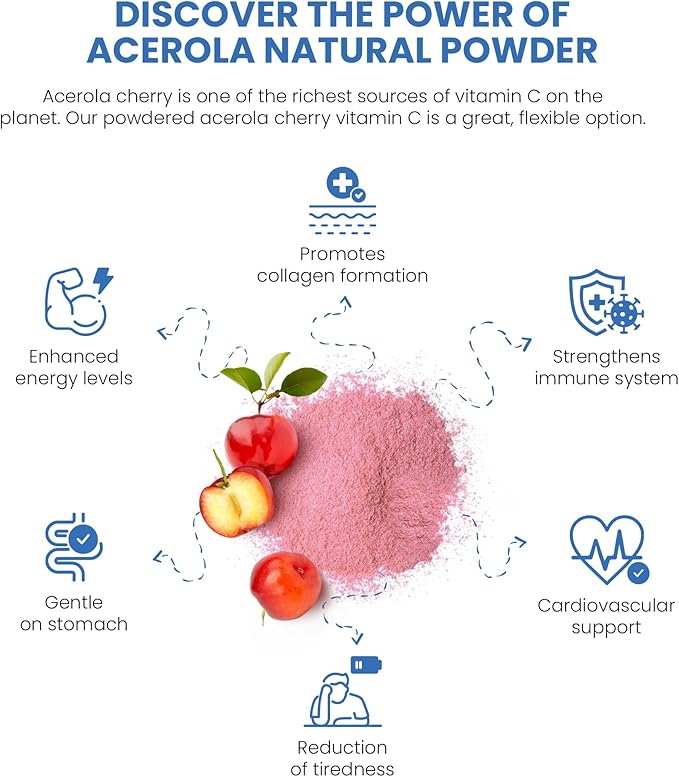 Natural Vitamin C | Acerola Cherry Naturally Grown Powder 1 Lb (16 Oz - 453 Grams) - Origin Nobel Prize Winner Immune System Booster, Non-GMO Whole Food Vitamin C Supplement