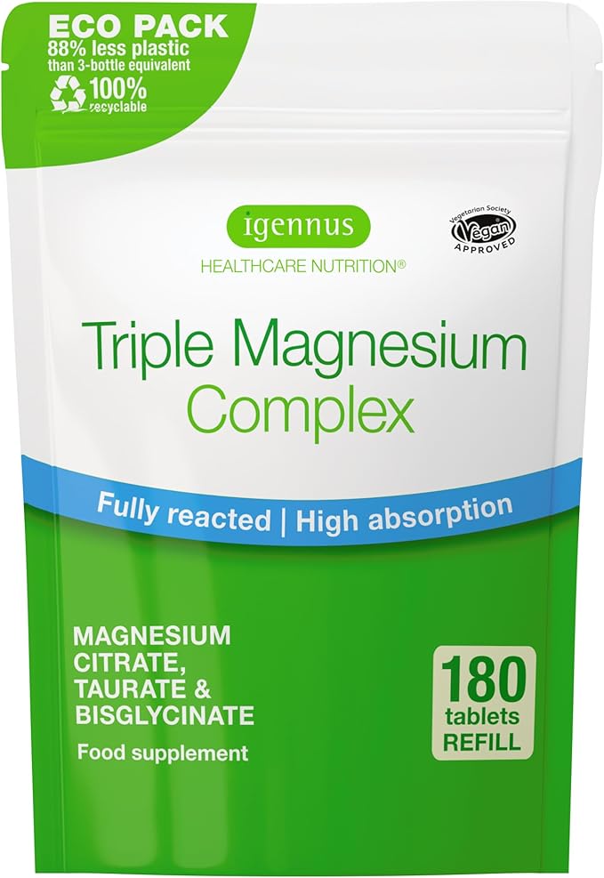 Igennus Advanced Triple Magnesium Complex, Fully Reacted & Chelated Glycinate, Taurate & Citrate, Clean Label, High Bioavailability & Absorption, 180 Tablets, Vegan, Non-Buffered