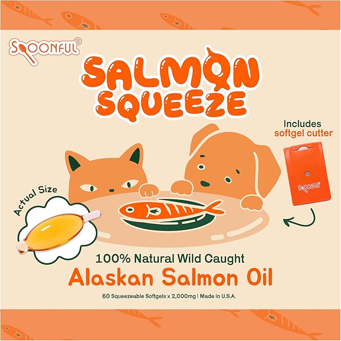 Spoonful Salmon Squeeze - 100% Natural Wild-Caught Alaskan Salmon Oil – 2,000 mg Omega-3 Softgel, 60 Squeezeable Softgels | DHA, EPA & Natural Astaxanthin, Non-GMO, Sustainable, Made in USA (60)