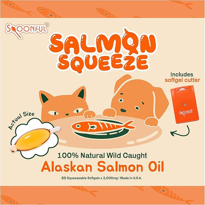 Spoonful Salmon Squeeze - 100% Natural Wild-Caught Alaskan Salmon Oil – 2,000 mg Omega-3 Softgel, 60 Squeezeable Softgels | DHA, EPA & Natural Astaxanthin, Non-GMO, Sustainable, Made in USA (60)