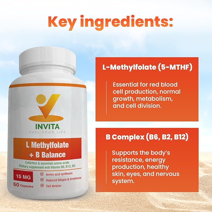 INVITA L-Methylfolate + B Balance (15mg) - 5-MTHF, B6, B2 & B12 Methylcobalamin B Complex - 60 Capsules - Professional Strength Active Methyl Folate - Non GMO, Gluten Free, No Fillers