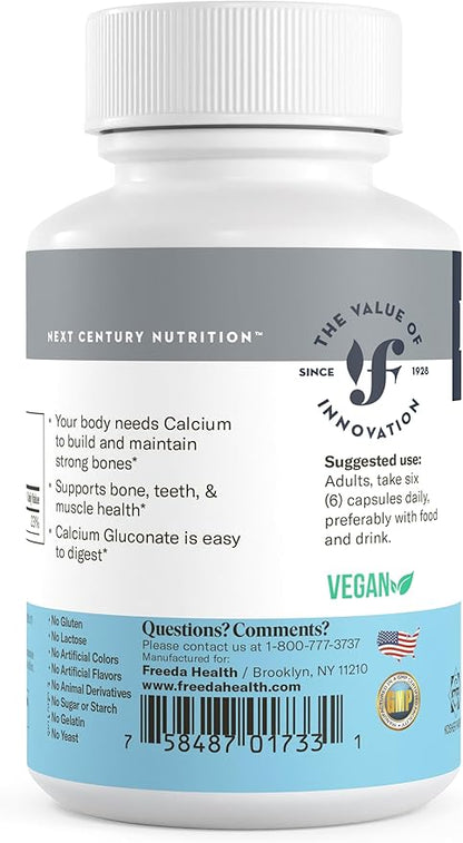 Freeda Calcium Gluconate – Kosher Vegan Calcium Supplement – Easy to Digest & Absorb – Supports Bone Strength – Pure Calcium Without Vitamin D – (500 Capsules)