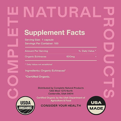 Complete Natural Products Organic Echinacea Root Capsules & Purpurea Root Dried Powder Extract - 600mg 100 Veggie Pills Healthy Herbal Support