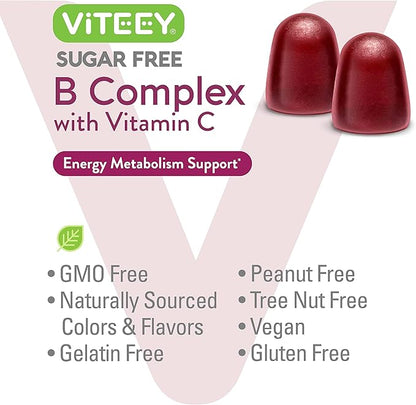 Vitamin B Complex Gummies with Vitamin C, Sugar Free - Energy, Metabolism & Nerve Health - B6, B12, Folic Acid, Biotin - Vegan, Gelatin Free, GMO Free - Tasty Chewable Strawberry Flavored Gummy