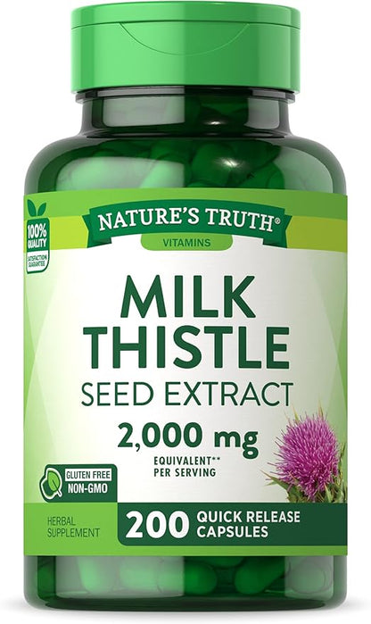 Nature's Truth Milk Thistle | 2000mg | 200 Capsules | Non-GMO and Gluten Free Seed Extract Supplement | Silymarin Marianum
