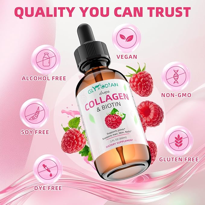 Collagen Biotin Drops - 50000mcg Liquid Collagen Supplement for Hair Growth, High Antioxidant Support Radiant Skin, Strong Nails for Women & Men, Non-GMO, Gluten Free, 2 fl Oz, Raspberry Flavor