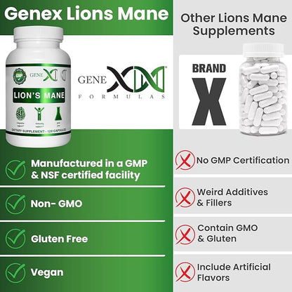 Genex Formulas Lions Mane Supplement with 100% Lions Mane Extract - Nootropics Brain Support Supplement 1000mg/serving - (120 Capsules)