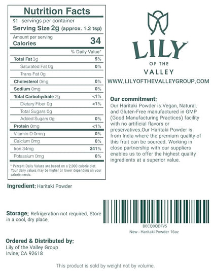 Lily of the Valley Haritaki Powder - Terminalia Chebula - Sourced from India - An Ayurvedic Herb - 100% Natural &No Added Preservative - Vegan & Gluten-Free (16oz, 453g)- Package May Vary