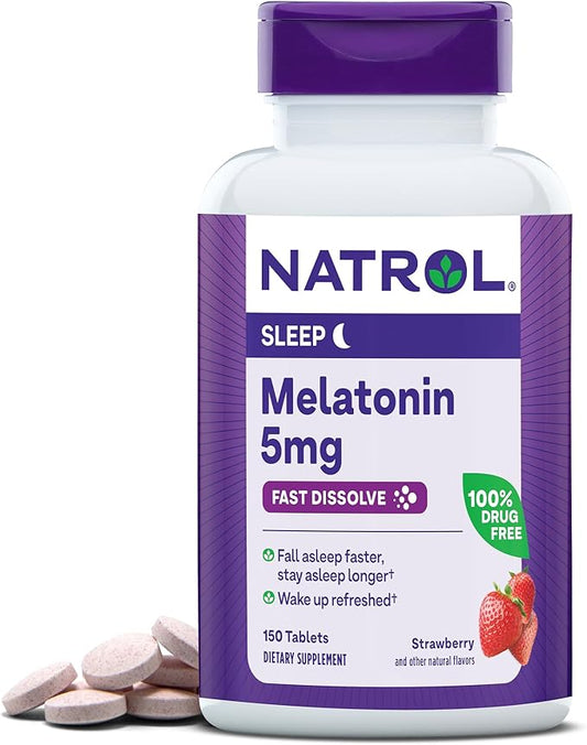Natrol Fast Dissolve Melatonin 5 mg, Melatonin Supplements for Restful Sleep, Sleep Support for Adults, 150 Strawberry-Flavored Tablets, Up to a 150 Day Supply