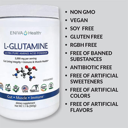 Eniva Health L-Glutamine Pure Powder, Unflavored (101 Servings) | Vegan, Gluten-Free, Sugar-Free, Non-GMO | Doctor-Formulated, USA Made | Gut Health, Leaky Gut, Bloating, Muscle Health, Immune System