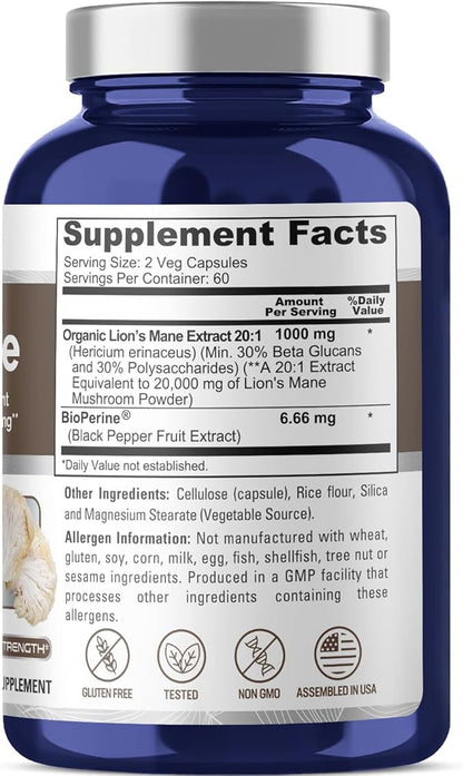 NusaPure Lions Mane 20:1 Extract (20,000 mg Equivalent) - Made with Organic Lion`s Mane, Bioperine - 30% Polysaccharides - 120 Veggie Caps. Non-GMO, Gluten Free