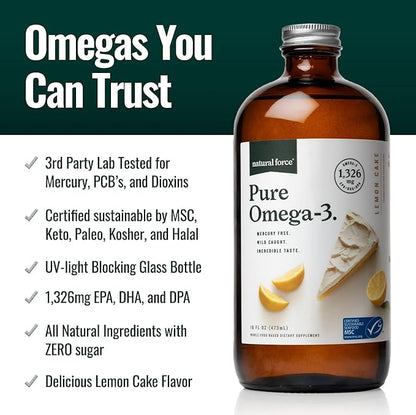 Natural Force Pure Omega 3 - Liquid Fish Oil Lemon Cake Flavor Grass Fed Organic Whey Protein Powder Vanilla Flavor
