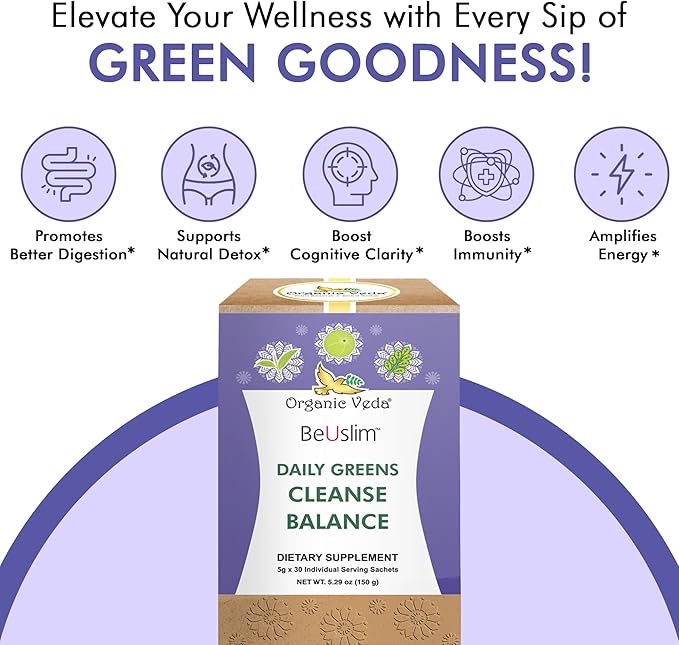 Organic Veda BeUslim Daily Greens Cleanse Balance with Ashwagandha, Spirulina - Super Greens Dietary Supplement - Promotes Digestion - 5gx30 Sachets