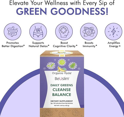 Organic Veda BeUslim Daily Greens Cleanse Balance with Ashwagandha, Spirulina - Super Greens Dietary Supplement - Promotes Digestion - 5gx30 Sachets
