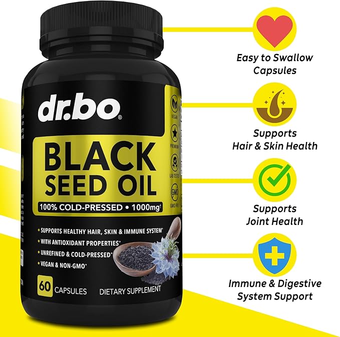 Black Seed Oil Capsules Vegan - Pure Cold Pressed Black Seed Oil Nigella Sativa Cumin for Skin & Hair Health, 500mg, 1000mg Per 2 Capsule Serving Blackseed Liquid Capsules Halal - 60 Softgels Pills