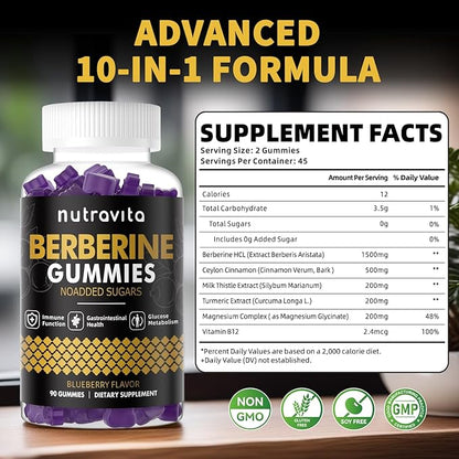 Berberine Gummies with Ceylon Cinnamon 1500mg High Potency Berberine HCL Supplement for Immune and Metabolism Support, Sugar Free Organic Berberine Gummies Blueberry Flavor-1PACK