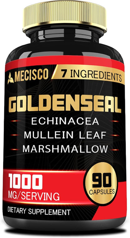 Goldenseal Root Capsule Organic with Echinacea, Mullein Leaf, Plantain & More - 90 Veggie Capsules - 7in1 Supports Immune System, Digestive Health, Smooth Breathing, and Body Management