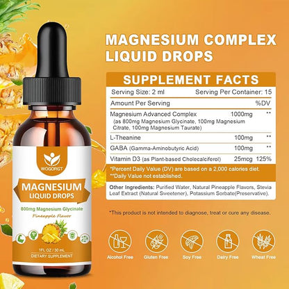 Magnesium Glycinate Liquid Drops with Citrate & Taurate - Cognition, Muscle & Focus, Liquid Magnesium Complex Supplement with Vitamin D3, GABA, L-theanine, Pineapple Flavor - 1 Fl Oz (2 Pack)
