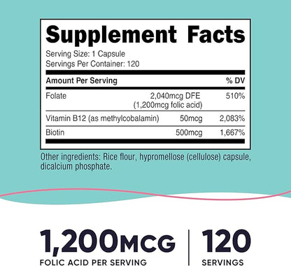 Nutricost Folic Acid for Women (Vitamin B9) 1200 mcg, 120 Capsules, with B12 and Biotin, Veggie Caps, Non-GMO & Gluten Free