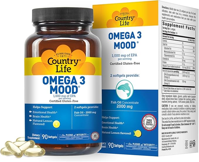 Country Life Omega 3 Mood, 2000mg Fish Oil with EPA & DHA, 90 Softgels, Certified Gluten Free