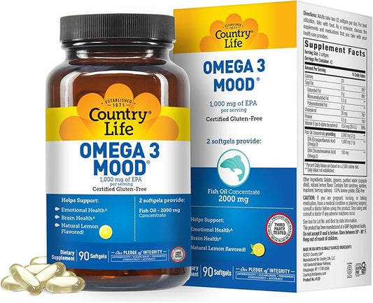 Country Life Omega 3 Mood, 2000mg Fish Oil with EPA & DHA, 90 Softgels, Certified Gluten Free