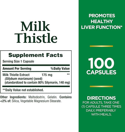 Nature's Bounty Milk Thistle, Herbal Health Supplement, Supports Liver Health, 175mg, 100 Softgels (Pack of 2)