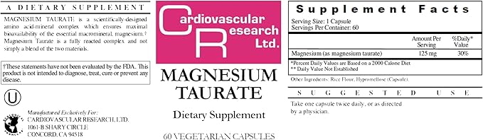 Cardiovascular Research Magnesium Taurate 125 mg New Tamper Resistant Ship Box 120 Count