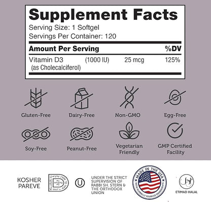 Zahler - Advanced Vitamin D3 1000 IU Softgels (120 Count) Kosher Vegetarian Friendly Vitamin D for Immune Support, Bone, Teeth & Muscle Health - Easy Swallow VIT D 3