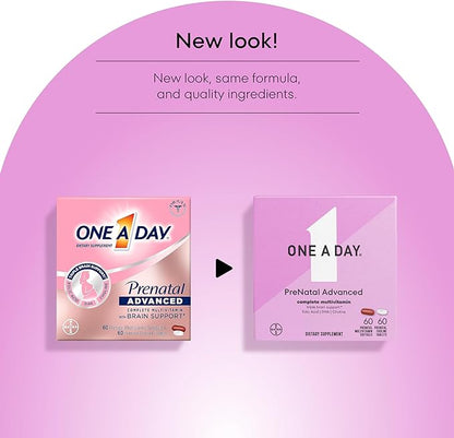 ONE A DAY Women’s Prenatal Advanced Complete Multivitamin with Brain Support* with Choline, Folic Acid, Omega-3 DHA & Iron for Pre, During & Post Pregnancy, 60+60 Ct (120 Total) (Packaging May Vary)