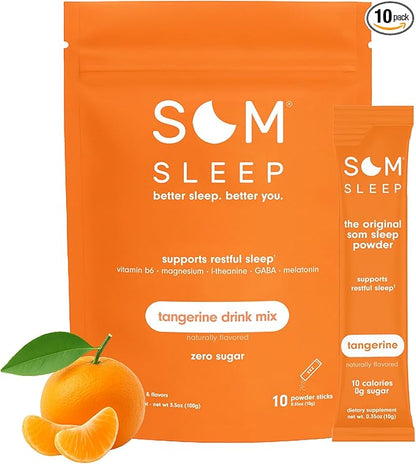 Som Sleep, Calm Sleep Aid Powder Drink Mix w/Magnesium, Melatonin 3mg, Vitamin B6, L-Theanine & GABA – Vegan, Zero Sugar – Tangerine, 10-Pack