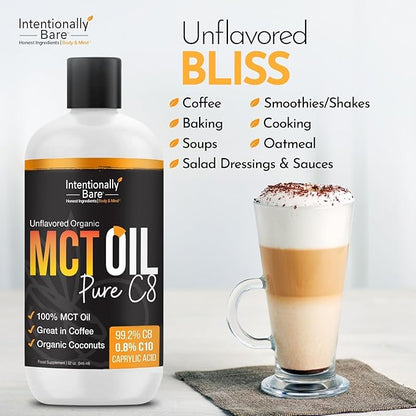 Intentionally Bare Pure C8 MCT Oil Organic - Brain Octane C8 MCT Oil for Clean Energy, Keto Paleo and Vegan Diet - Unflavored Brain Octane for Coffee, Shakes and Salads - Coconut MTC 16oz