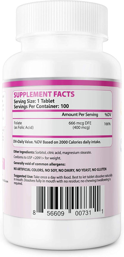 Folic Acid 400 mcg Buccal Lozenge Tablets – Slow-Dissolving for Fast Absorption, Prenatal & Neural Tube Support, Sugar-Free, 100 CT