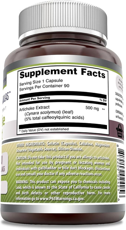 Amazing Formulas Artichoke Extract Supplement | Cynara Scolymus Leaf Capsules| 500 Mg | 90 Capsules | Non-GMO | Gluten Free | Made in USA