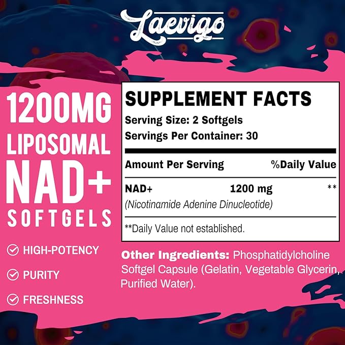 1200mg Liposomal NAD+ Supplement, Ultra Purity Actual NAD Supplement, Enhanced Absorption, Boosting NAD+, Age Defense, Energy, Metabolic Repair, 120 Softgels