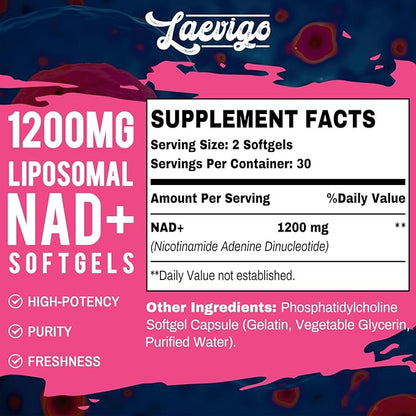1200mg Liposomal NAD+ Supplement, Ultra Purity Actual NAD Supplement, Enhanced Absorption, Boosting NAD+, Age Defense, Energy, Metabolic Repair, 120 Softgels