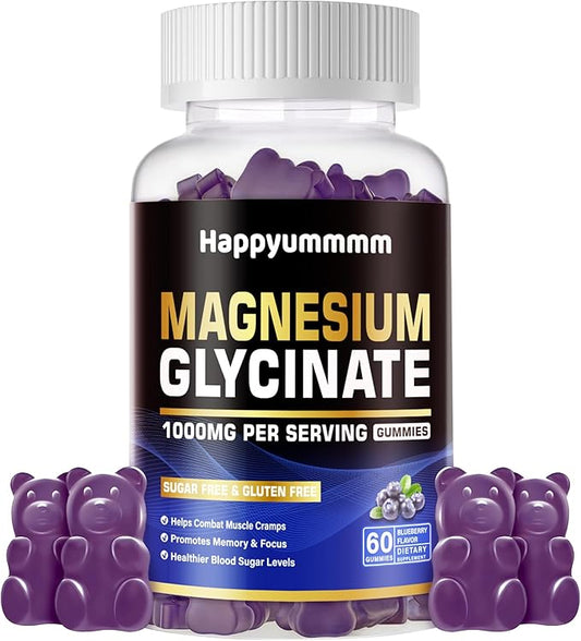 Magnesium Glycinate Gummies 1000mg - Sugar Free Magnesium Potassium Supplement with Vitamin D, B6, CoQ10 for Calm Mood & Sleep Support - 60 Blueberry Gummies