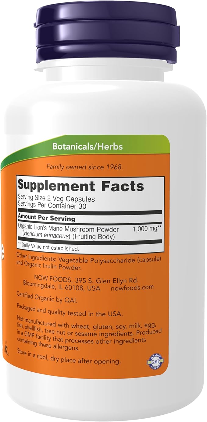 NOW Foods Supplements, Lion's Mane 500 mg, Super Mushroom, Made with Organic Lion's Mane Mushrooms, 60 Veg Capsules