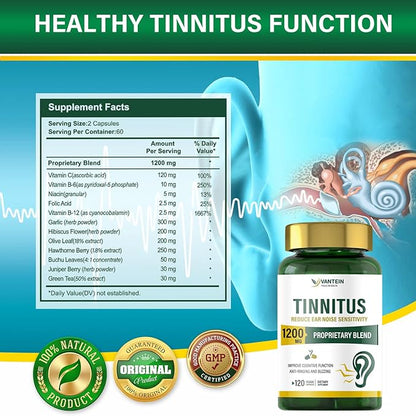 Tinnitus Relief for Ringing Ears 1200 MG - 120 Capsules Supports Hearing Loss & Ear Pain Relief | 60-Day Supply | Ear Health Vitamins for Men & Women
