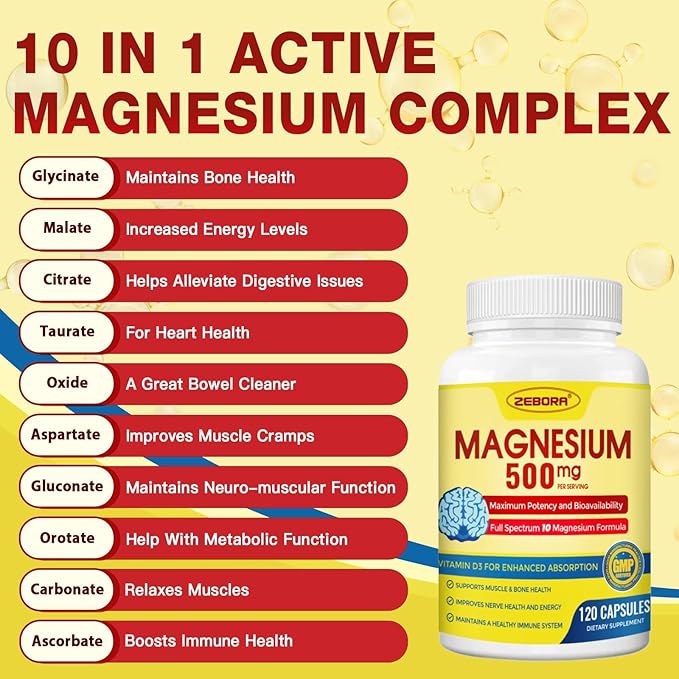 ZEBORA Magnesium Complex Supplement 500mg, 10 in 1 Chelated Magnesium - Magnesium Glycinate, Citrate, Malate, Plus More, with Vitamin D3 & Zinc for Nerve, Muscle & Bone Support, Vegan 99 Capsules