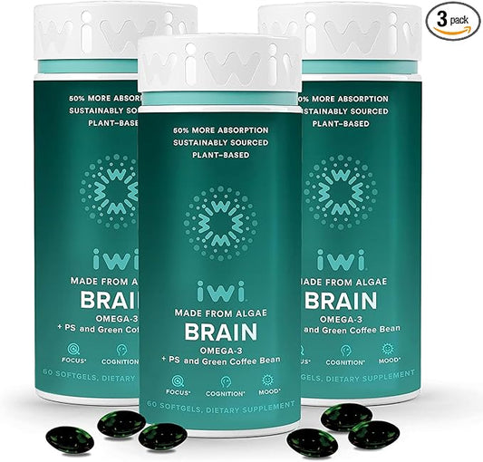 iwi life Brain Omega-3, 180 Softgels (90 Servings), Vegan Plant-Based Algae Omega-3 with EPA + DHA, Focus, Memory and Mood Support Dietary Supplement, Krill & Fish Oil Alternative, No Fishy Aftertaste