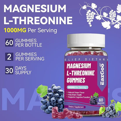 Magnesium Threonine Gummies 1000mg, L-Threonine Gummies for Adults, Best Magnesium Supplements for Brain, Non-GMO, Gluten Free, Vegan, 60 Grape Magnesium Gummies, 30 Day Supply