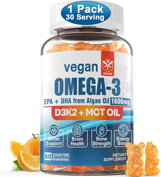 Vegan Omega 3 Gummies 1280mg + Vitamin D3 K2 (MK7), Omega 3 Fish Oil Alternative for Adults, w/Algae EPA 600mg & DHA 400mg, MCT Oil - No Fish Taste - for Brain, Eye, Immune Health, Sugar Free, 1 Pack