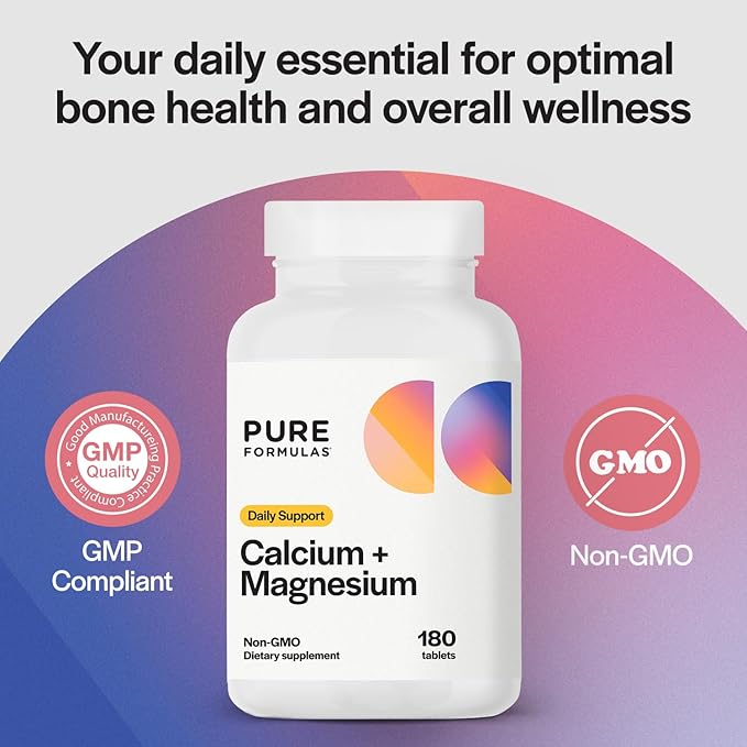 PureFormulas Calcium + Magnesium - Gluten Free Supplement Supports Bone Health & Overall Wellness with Magnesium Calcium Vitamin C Vitamin D & Boron, Allergen Friendly Non-GMO 180 Tablets