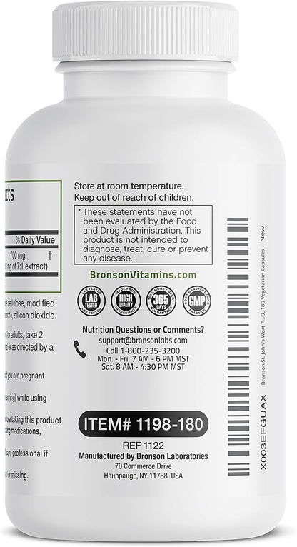 Bronson St. John's Wort 700 MG per Serving Hypericum Perforatum Supports a Positive Mood - Non-GMO, 180 Vegetarian Capsules