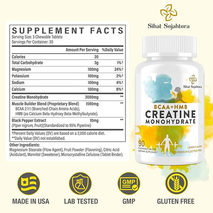 8-in-1 Creatine Monohydrate with BCAA & HMB, 5000 mg for Men & Women, Creatine Chews for Muscle, Recovery, Endurance & Strength, High Absorption, Lemon Flavor, Sugar-Free, 90 Tablets