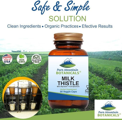 Pure Mountain Botanicals Milk Thistle Capsules - 90 Kosher Vegan Caps with Organic Milk Thistles and Potent Silymarin Extract