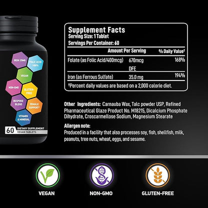 Vegan Iron Supplements for Women with Folic Acid - 168% Folate Folic Acid, 194% Ferrous Sulfate Blood Builder with Anemia and Pregnant Women - 2-Pack, 120 Gluten-Free Gentle Iron Tablets