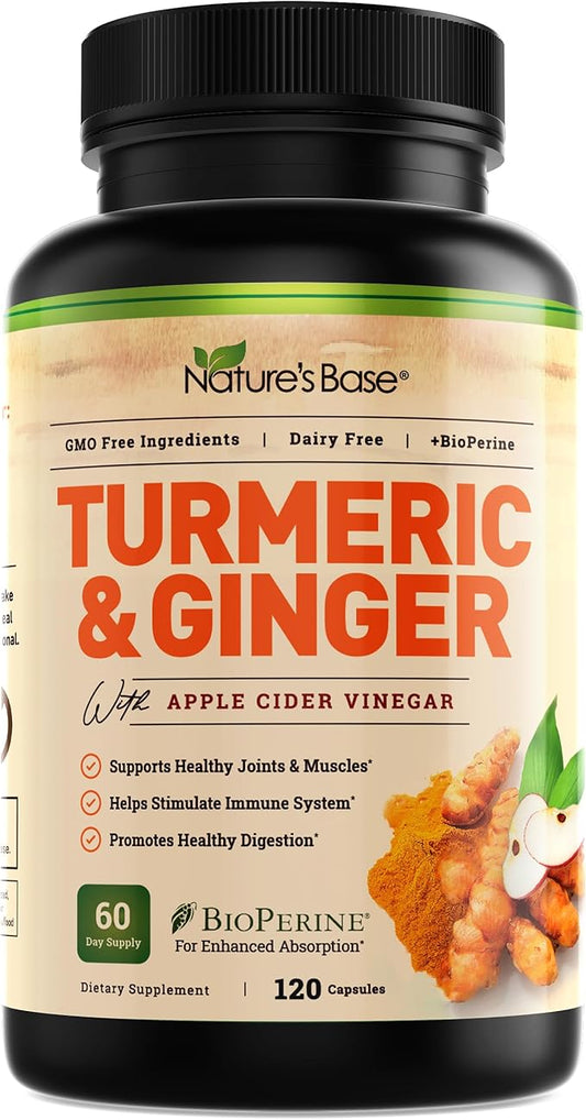 Nature's Base Turmeric Curcumin Supplement - with Ginger, Apple Cider Vinegar, & BioPerine Black Pepper Extract - 95% Curcuminoids - 120 Capsules