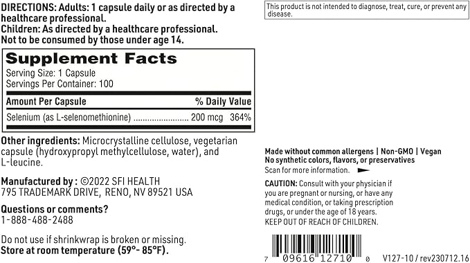 Klaire Labs Seleno Met - 200mcg Selenium as Hypoallergenic Selenomethionine, Bioavailable Antioxidant Support with No Yeast, Dairy & Gluten-Free (100 Capsules)